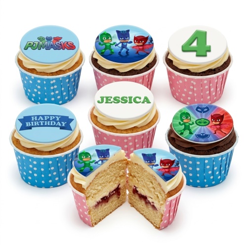 PJ Masks themed birthday cupcakes with Catboy, Owlette, Gekko, and logo toppers, with custom age and name examples.