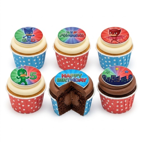 PJ Masks themed birthday cupcakes with Catboy, Owlette, Gekko, and Happy Birthday toppers.