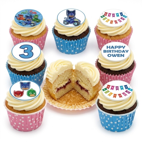 PJ Masks themed cupcakes with various character toppers, a custom age topper, and 'Happy Birthday' banner toppers.