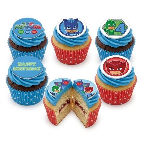 PJ Masks themed cupcakes with blue frosting and character toppers, including Catboy, Gekko, and Owlette.