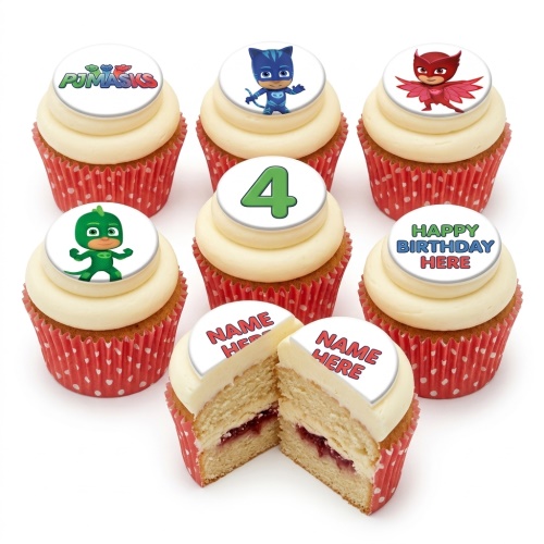 PJ Masks themed cupcakes with Catboy, Owlette, Gekko, logo, custom age, and message toppers.