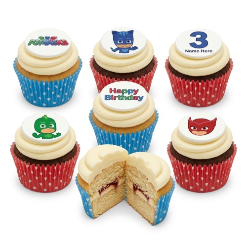 PJ Masks themed birthday cupcakes with Catboy, Gekko, Owlette, and logo toppers, some with a custom age and message example.