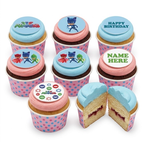 PJ Masks themed cupcakes with blue and pink frosting, character toppers, and custom message examples.