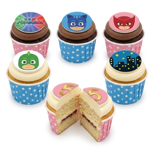PJ Masks cupcakes with Catboy, Owlette, Gekko, and cityscape toppers, plus a custom age topper.