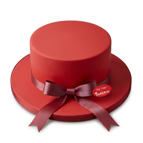 Red top hat shaped birthday cake with a dark red satin ribbon and bow.