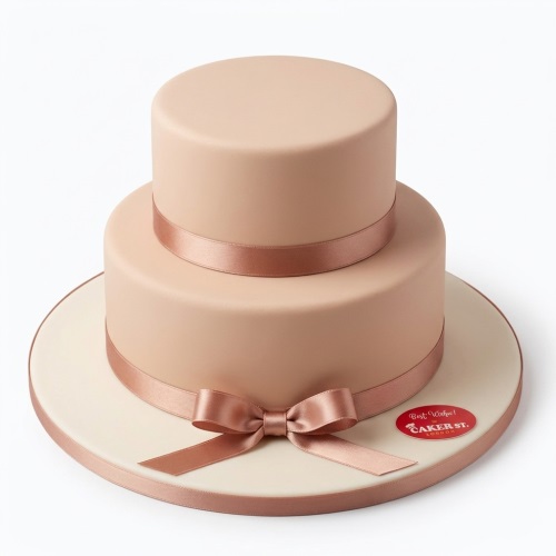 Two-tiered elegant nude cake with rose gold satin ribbon and bow.