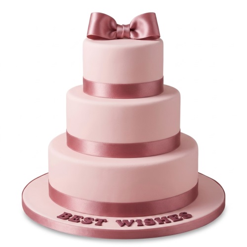 Three-tiered pink cake with rose gold ribbons and a large bow on top.