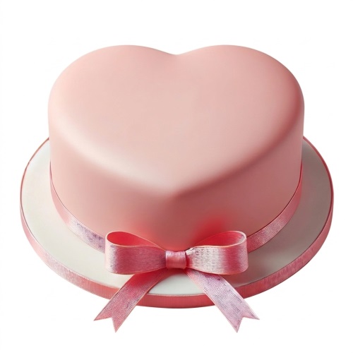 Pink heart-shaped cake with a satin ribbon bow