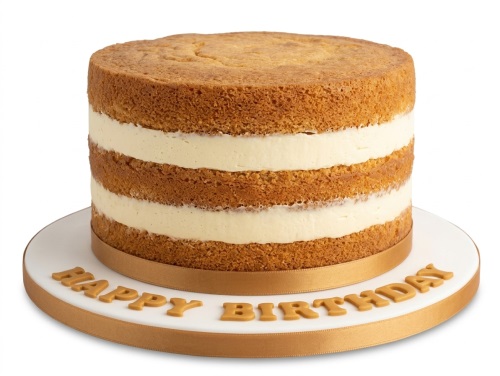 Three-layer naked birthday cake with creamy filling, gold ribbon, and "Happy Birthday" message.