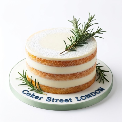 Round naked birthday cake with visible sponge layers, white cream filling, and fresh rosemary sprigs.