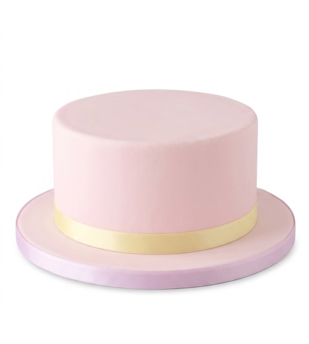 Round pink birthday cake with a yellow ribbon, presented on a purple-edged cake board.