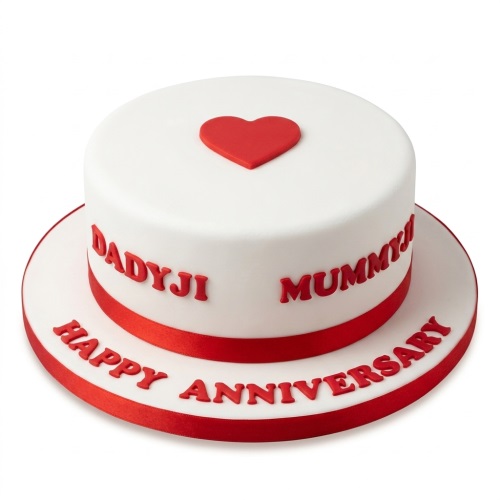White round anniversary cake with a red heart on top, red ribbon, and customisable red text.