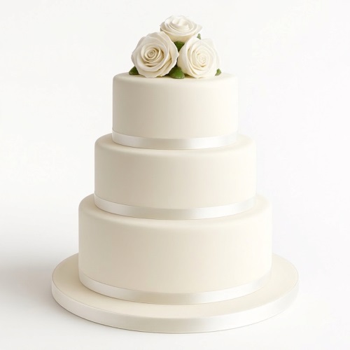 Three-tier white wedding cake with silver ribbons and white sugar roses on top.
