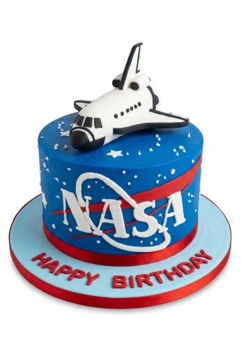 Blue round birthday cake with white NASA logo, red ribbon, and a 3D Space Shuttle topper.