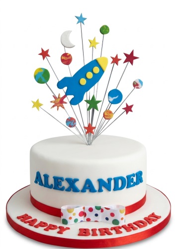 Round white birthday cake with a blue rocket, colourful planets, and stars on wires, with a personalised name.