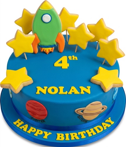 Blue space-themed birthday cake with green rocket, yellow stars, planets, and custom age topper.