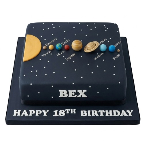 Two-tiered square space theme birthday cake with edible planets, sun, and white stars on a dark blue background.