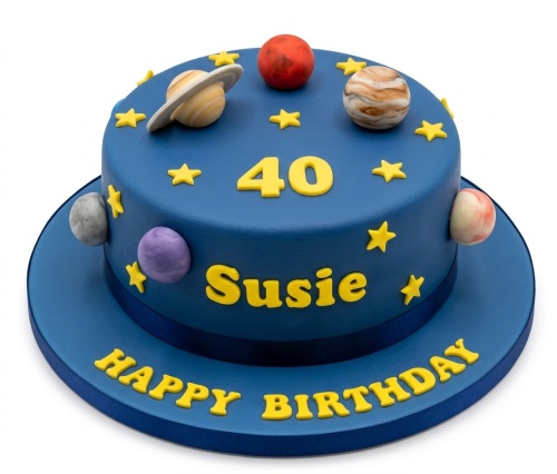 Round blue fondant birthday cake decorated with edible planets, yellow stars, and a custom age topper.