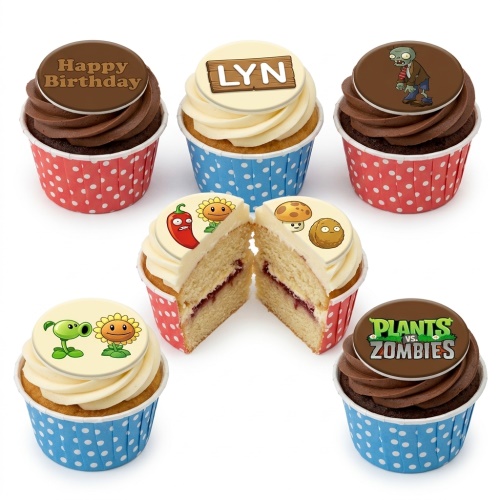 Plants vs Zombies themed cupcakes with character toppers, some with chocolate and some with vanilla frosting, in red and blue polka dot cases.