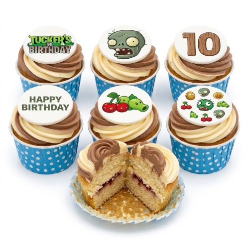 Plants vs Zombies themed birthday cupcakes with edible toppers, two-tone frosting, and blue polka dot cases.