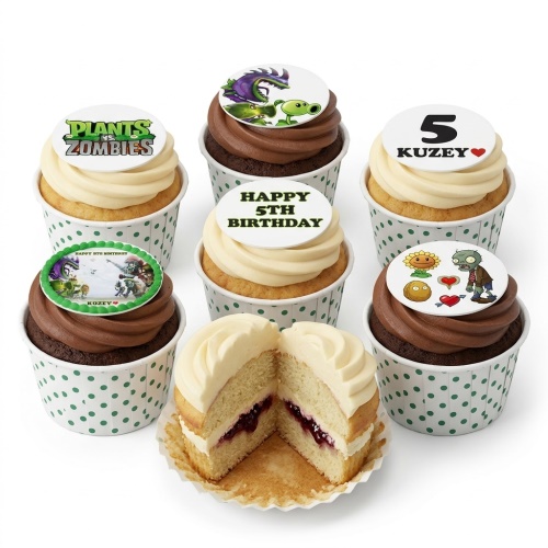 Plants vs. Zombies themed cupcakes with vanilla and chocolate frosting, featuring game character toppers and a custom age.