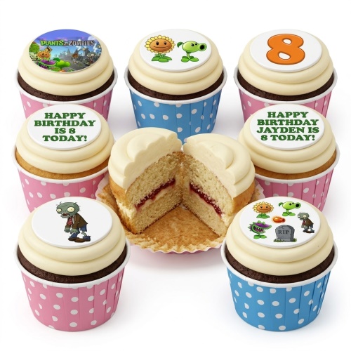 Assortment of Plants vs Zombies themed cupcakes with various character toppers and custom age/message examples.