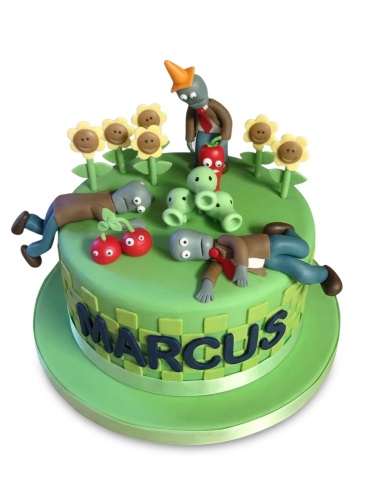 Round green Plants vs Zombies cake with zombie and plant figures, sunflowers, and a personalised name.