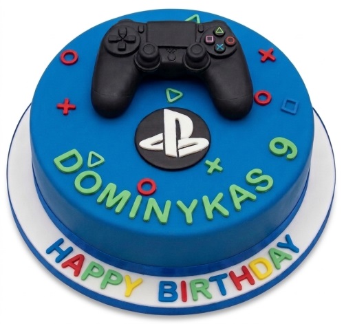 Blue PlayStation themed birthday cake with black controller, logo, and multi-coloured 'Happy Birthday' message.