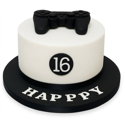 White round birthday cake with a black video game controller on top and a custom age number.