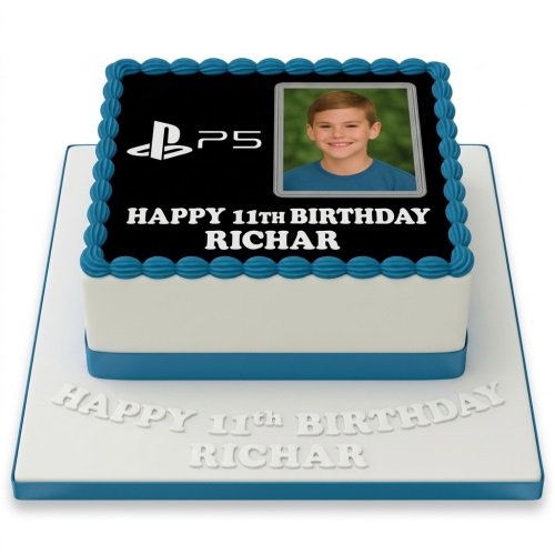 Square PS5 gaming birthday cake with custom photo, blue border, and personalised message.