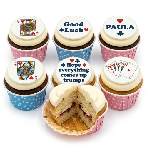 A set of card game themed cupcakes with playing card toppers, good luck messages, and a personalised name example.