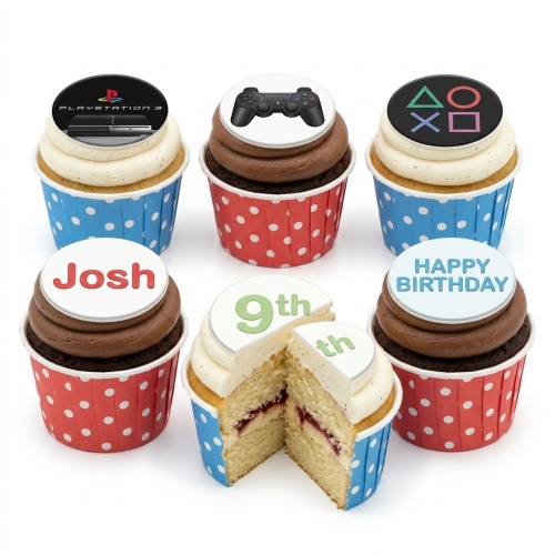 A set of PlayStation themed cupcakes with gaming controller, console, and symbol toppers, some personalised with a name and custom age.