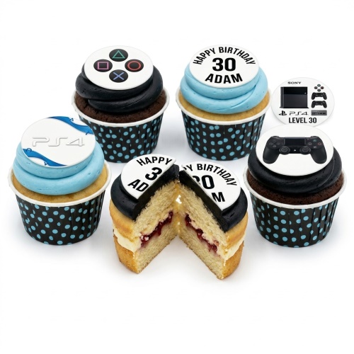 PlayStation themed cupcakes with controller, button, and PS4 logo toppers, featuring custom age and name example.