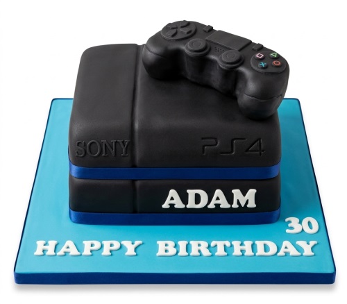 Black PlayStation 4 console cake with a controller on top, blue ribbon, and space for personalised name and custom age.