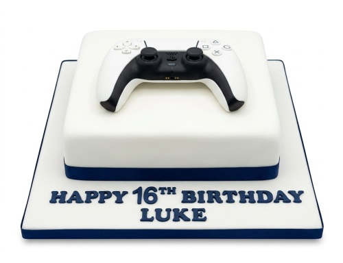 White square PS5 gaming birthday cake with a detailed PlayStation 5 controller and custom message.