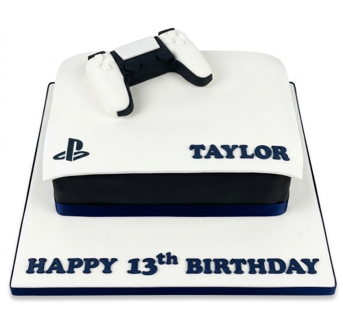 White PS5 console shaped birthday cake with an edible controller and PlayStation logo, for a custom age.