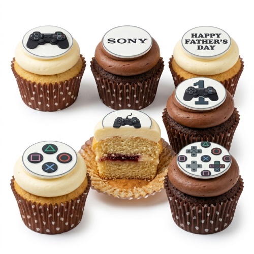 Assortment of vanilla and chocolate cupcakes with PlayStation controller and button edible toppers.