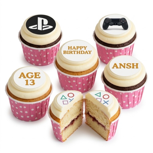PlayStation themed cupcakes with logo, controller, and button symbols, with custom age and name toppers.