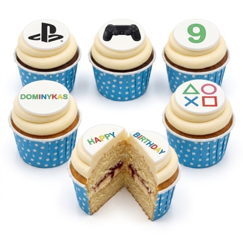 Gaming themed cupcakes with PlayStation logo, controller, symbols, and custom age topper.
