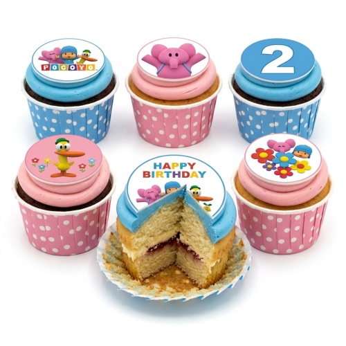 Pocoyo themed birthday cupcakes with blue and pink frosting, character toppers, and a 'Happy Birthday' message.