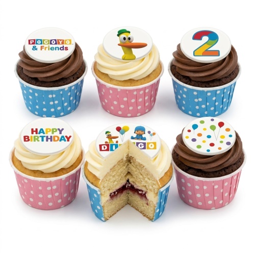 Pocoyo and Friends themed cupcakes with character toppers, custom age, and Happy Birthday message.