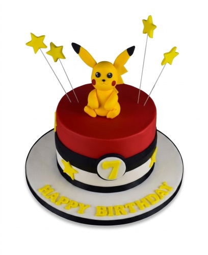 Red and white Poké Ball cake with a yellow Pikachu figure and custom age number.