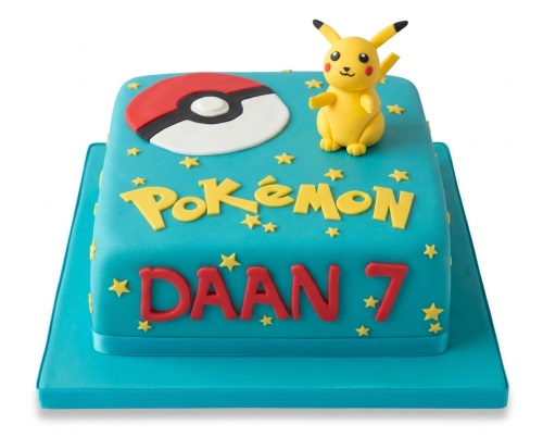 Square blue Pokémon birthday cake with Pikachu figurine, Poké Ball, and custom age/name text.