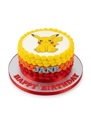 Round single-tier Pikachu birthday cake with yellow, orange, red ruffled layers and a personalised name.