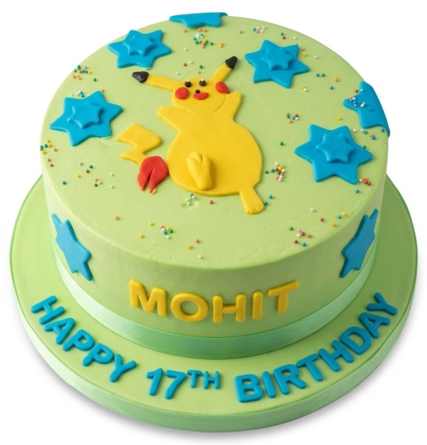 Round green Pikachu birthday cake with blue stars and colourful sprinkles, featuring an edible Pikachu figure.