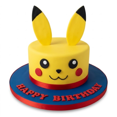 Round yellow Pikachu birthday cake with black ears, eyes, and red cheeks on a blue board.
