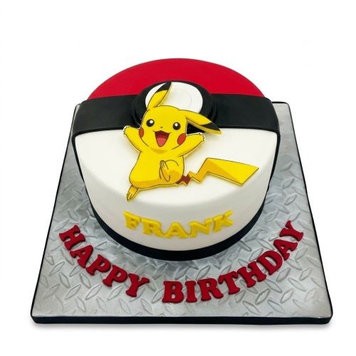 Pikachu character on a red, white, and black Pokeball themed birthday cake with custom name and message.