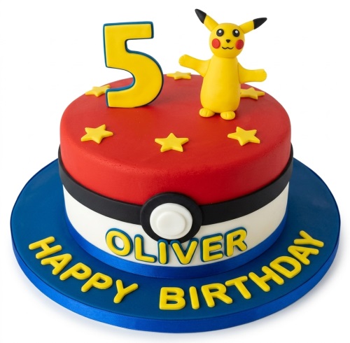 Round Pikachu themed birthday cake with a yellow number topper, yellow stars, and a Poké Ball design.