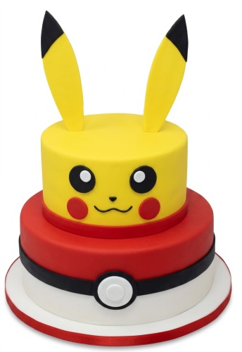 Two-tier round cake with yellow Pikachu face and ears on top, red and white Pokeball design below.