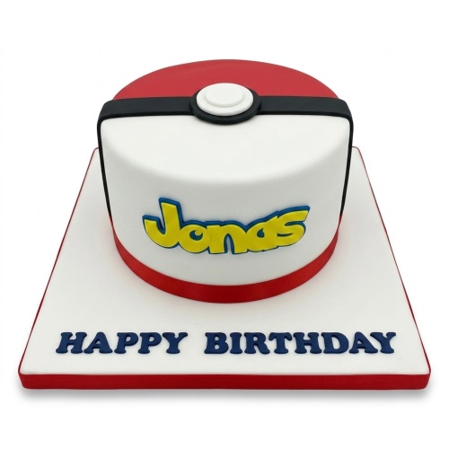 Single-tier Pokeball themed birthday cake with red, white, and black design, on a white board with a custom message.